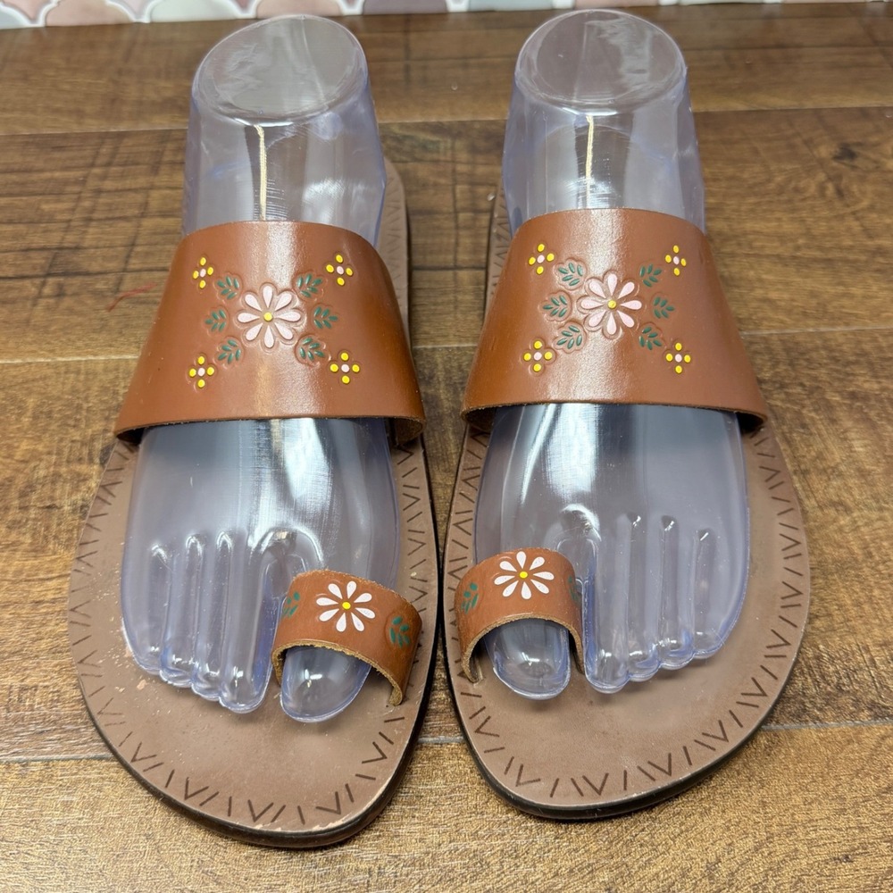 Vintage Y2K Montego Bay Club Leather Flower Sandals Boho Toe Ring 9.5